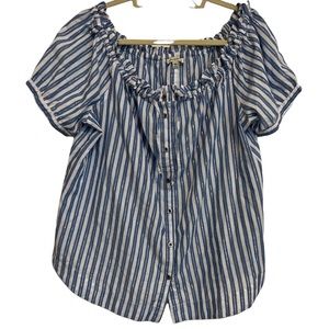 Seven Forty Two Womens Blue and White Striped Button Down Short Sleeve Blouse XL